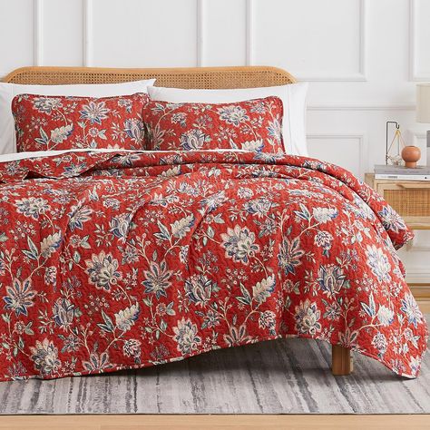 PRICES MAY VARY. Gorgeous Bedding Makeover in a Bag: Our Floral quilt king size set includes everything you need for a stylish bedroom makeover, from the king / California King quilt to the coordinating pillow shams, for a hotel quality room decor aesthetic. Dreamy Soft, Double Brushed Microfiber: Ultra comfy 110 GSM Microfiber, this King / Cal King quilt set gets softer with each wash. Non-shrink fabric keeps it big for for full coverage. Lightweight quilts, cozy but not heavy, perfect for all Bedding Makeover, Oversized King Quilt, California King Bedding Sets, King Quilt Bedding, California King Quilts, King Size Pillow Shams, Pretty Bedding, King Quilt Sets, Queen Bedspread