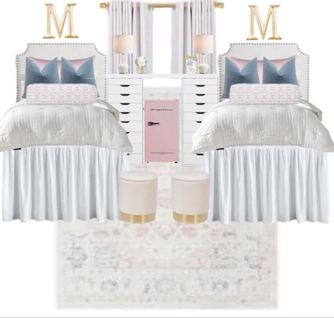 dorm room. pink and blue dorm room. preppy dorm room. bed skirt. gold curtin rod. dorm ottoman Pink Blue And White Dorm Room, Dorm Ottoman, Blue And Pink Dorm Room, Pink And Blue Dorm Room, Pink And Blue Dorm, Dorm Room Pink, Preppy College Dorm, Blue Dorm Room, Dorm Room Bed