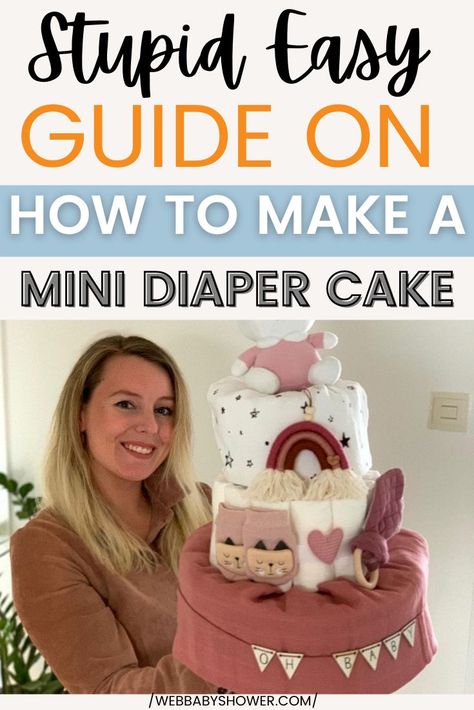 Want to DIY your own diaper cake? This stupid easy guide and tutorial will have you making an adorable Mini Diaper Cake in no time! #minidiapercaketutorial #DIYdiapercake Diy Nappy Cake, Small Diaper Cakes Diy, Dipper Cakes Diy, How To Make A Diaper Cake, Simple Diaper Cake, Easy Diaper Cake, Diy Diaper Cake Tutorial, Baby Shower Food Easy, Small Diaper Cakes