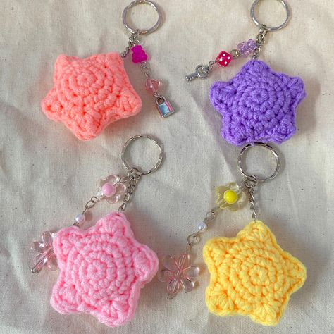 DM @/ shop.moonyco to order<3 #crochet #stars #crocheting Crochet Star Charm, Tiny Things To Crochet, Star Keychain Crochet, Crochet Star Keychain, Crochet Craft Fair, Star Tutorial, Crochet Star, Crochet Keychain Pattern, Crochet Business