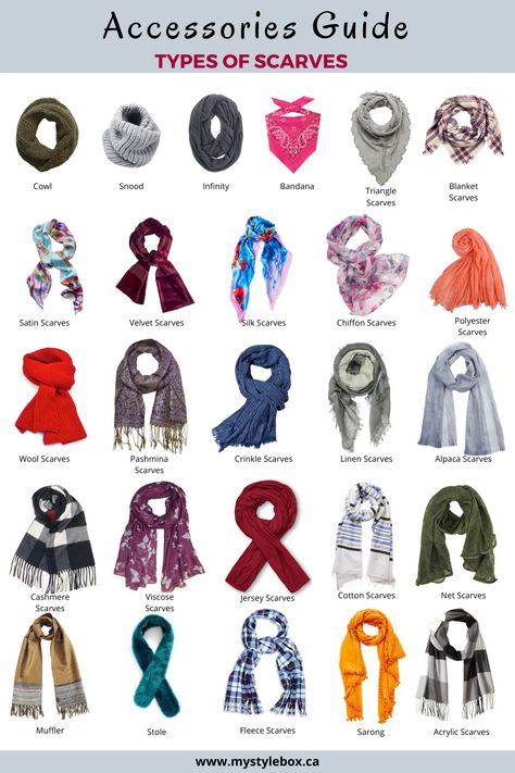 Accessories Guide_Types of Scarves Types Of Scarves Different, Different Types Of Accessories, Different Types Of Dresses Names, Types Of Scarfs, Style Names Types Of Fashion, Name Of Clothes, Types Of Accessories, Types Of Tops, Accessories Guide