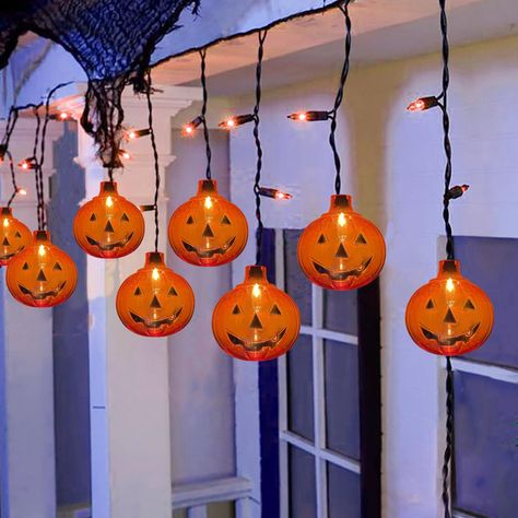 PRICES MAY VARY. 🎃 Halloween pumpkin icicle lights: 7Ft Halloween decorative pumpkin icicle string lights with 10 clear orange pumpkin lights and 15 mini orange light bulbs (extra 4 bulbs ), Each bulbs 0.5W, hanging halloween jack-o-lantern string lights is ideal for Halloween parties, haunted house displays, trick-or-treat events, thanksgiving, fall party and christmas, etc. 🎃Connectable Halloween Orange Fairy String Lights (2 ways to connect): Plug in pumpkin icicle string lights is end to e Halloween Decorating On A Budget, Orange Halloween Lights Outdoor, Kid Friendly Halloween Decor, Bloxburg Update, Fall Decor Party, Outdoor Patio Party, Orange Fairy, Dance Decor, Halloween Lighting Outdoor