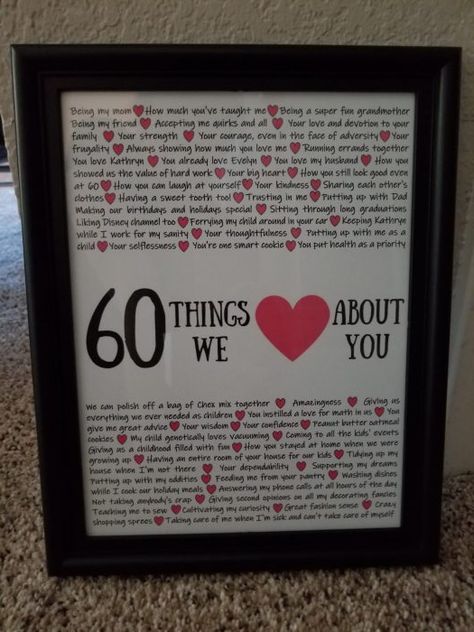 60 Things We Love About You - a great gift idea for Mom, Dad, Grandmother, Grandfather.  This was for my Mom's Birthday this year! Mom 60th Birthday Gift, 60th Birthday Ideas For Dad, 60th Birthday Ideas For Mom, Cadeau Grand Parents, Anniversaire Diy, Gift For Grandmother, Birthday Presents For Mom, Gift Idea For Mom, Mom Thoughts