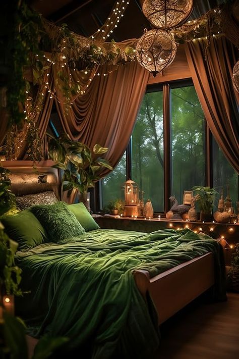 Dark Boho Bedroom, Forest Bedroom, Fairy Room, Fairytale Decor, Boho Bedroom Design, Aesthetic House, Deco Studio, Bed Design Modern, घर की सजावट