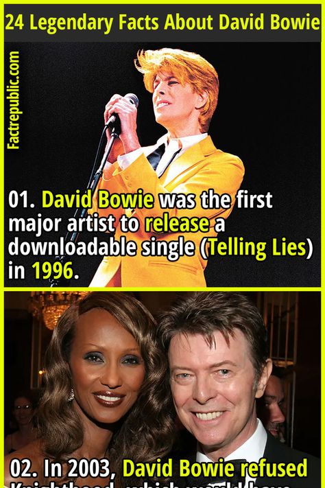 01. David Bowie was the first major artist to release a downloadable single (Telling Lies) in 1996. #popular #famous #celebrity #singer #davidbowie David Bowie Symbols, David Bowie Albums, Starman David Bowie, David Bowie Aesthetic, David Bowie Album Covers, Queen David Bowie, Bowie Low, World History Facts, David Bowie Born