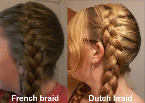 Dutch plait vs French plait. Use a Dutch plait to make your braid stand out on your head more. This is achieved by plaiting the outside strand under the middle strand instead of over it as normal. Dutch Braids Short Hair, Dutch Plait, Reverse French Braids, Dutch Pigtail Braids, Braids Tutorial Easy, Dutch Braid Updo, Dutch Braid Ponytail, French Plait, Braided Crown Hairstyles