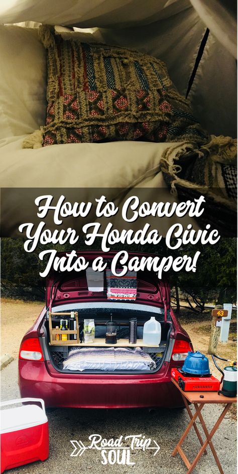 Super cute conversion of a Honda Civic into a mini camper! Love this! | Road Trip Soul Accessoires Camping Car, Sleeping In Your Car, Living In Car, Suv Camper, Auto Camping, Suv Camping, Micro Camper, Sedan Cars, Road Trip Car