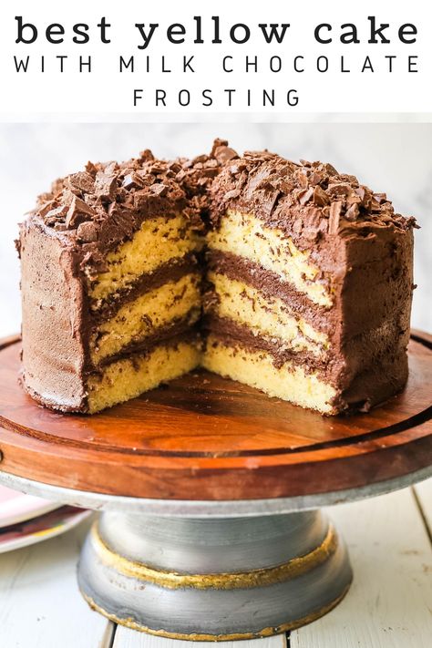 Golden Chocolate Cake, Super Moist Yellow Cake Recipe, Homemade Yellow Cake Recipe Moist, Yellow Cake With Chocolate Buttercream, Yellow Pound Cake Recipes, Yellow Layer Cake With Chocolate Icing, Best Yellow Cake Recipe Moist, Yellow Cake With Chocolate Chips, Yellow Chocolate Cake