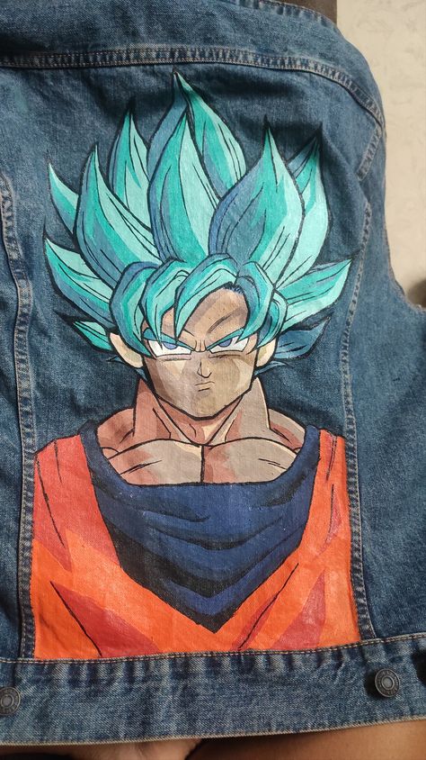 Customized Denim Jacket. Dragon ball Z. Goku Dragon Ball Z Painting, Goku Jacket, Painting Shirts, Stack Jeans, Customized Denim, Custom Jeans Diy, Customised Denim Jacket, Painted Leather Jacket, Dragon Ball Z Goku