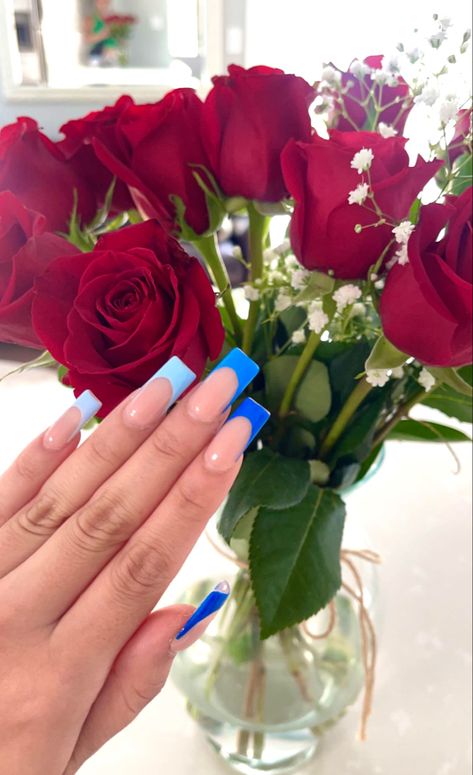 Different Color Blue French Tip Nails, Gradient Blue French Tip Nails, Colorful Summer French Tip Nails, Blue Ombré French Tip, Ombre Blue French Tip Nails, Blue Outline French Tip Nails, Different Shades Of Blue Nails French Tip, Blue Triangle French Tip Nails, Shades Of Blue French Tip Nails