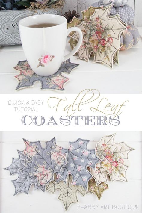 Quick and easy tutorial for making fabric Fall leaf coasters by Shabby Art Boutique Leaf Coasters, Shabby Art Boutique, Fall Sewing Projects, Making Fabric, Fall Sewing, Art Boutique, Cup Coasters, Astuces Diy, Fabric Coasters