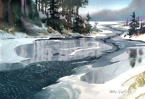 Water Sketch, Frozen Forest, Nature Landscape Art, Stream Water, River Stream, Forest Drawing, Painting Trees, Storybook Art, River Painting