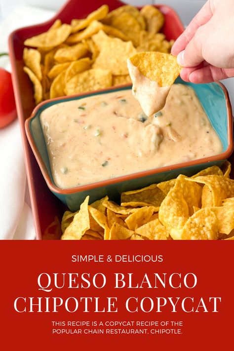 This Queso Blanco Chipotle Copycat recipe is one that truly hits the spot! It’s creamy and warm, with just the right amount of flavor. This recipe is a copycat recipe of the popular chain restaurant, Chipotle. It’s a white cheese dip that pairs very well with tacos, burritos, or even salads but is most popularly served with tortilla chips as a side dish. Copycat Chipotle Queso Blanco, Chipotle Queso Blanco Recipe, Chipotle Queso Recipe, Chipotle Queso, Chipotle Copycat Recipes, White Cheese Dip, Dirty Fries, Chipotle Copycat, White Queso Dip