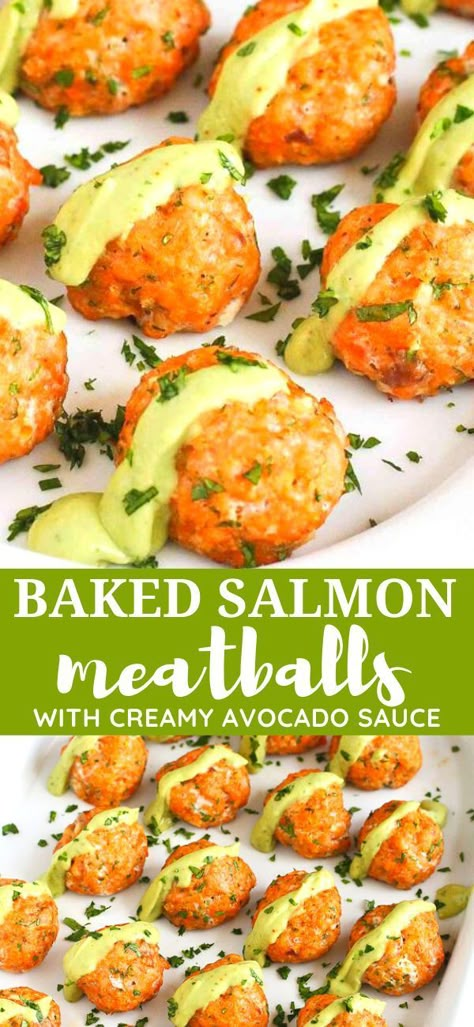 Avocado Sauce Recipe, Salmon Meatballs, Salmon Recipes Baked, Salmon Recipes Pan Seared, Salmon Recipes Baked Healthy, Pescetarian Recipes, Creamy Avocado Sauce, Healthy Salmon Recipes, Avocado Sauce