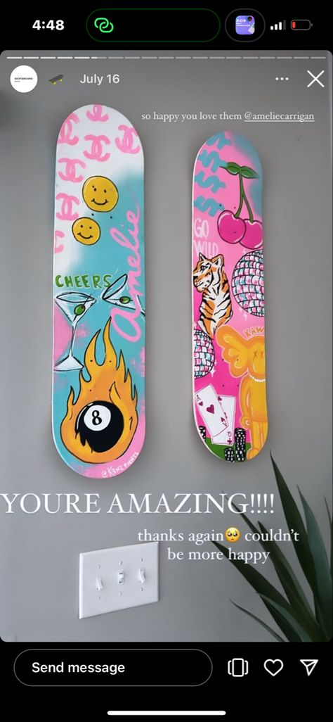 Painting Skateboards Ideas Aesthetic, Bedroom Art Collage, Skateboard Designs Aesthetic, Skateboard Wall Art Decor, Spray Paint Room Wall Art Aesthetic, Skate Board Paintings, Painted Skateboard Wall Art, Painting A Skateboard, Painted Skateboard Decks Art