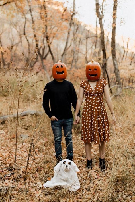 Halloween Couple Photoshoot With Dog, Halloween Family Photo Cards, Halloween Pictures With Dogs, Pumpkin Head Photoshoot With Dog, Ghost Photoshoot With Dog, Pumpkin Head Family Photos, Halloween Photoshoot With Dog, Dog Ghost Photoshoot, Family Dog Costumes