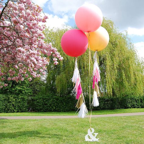 giant round tasselled helium balloons by eagle eyed bride | notonthehighstreet.com Balloons And Streamers, 36 Inch Balloons, Cheap Party Decorations, Hot Air Balloon Design, Christmas Wedding Decorations, Tissue Paper Tassel, Balloon Tassel, Round Balloons, Personalized Balloons