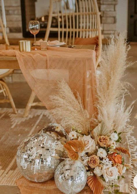 Flower Floor Arrangement, 70s Wedding Decor, Disco Ball Wedding Decor, Pampas Grass Centerpiece, 70s Wedding, Disco Wedding, Wedding Signs Diy, Wedding Props, Spring Party