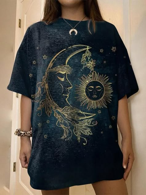 Sun & Moon Print Fashion Round Neck Women's T-shirt - T-shirts - INS | Online Fashion Free Shipping Clothing Mode Prints, Harajuku Shirt, Moon Print, Sun And Moon, Retro Stil, Estilo Retro, Fashion Colours, Sun Moon, Graphic Tees Women