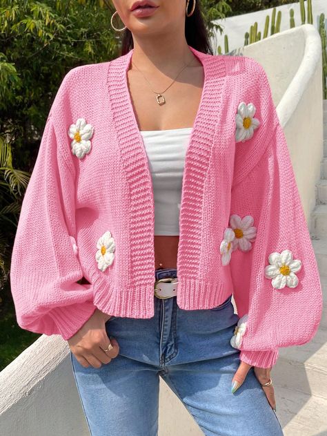 Women's Autumn And Winter Three-Dimensional Flower Decoration Drop Shoulder Long Sleeve Loose Cardigan Pink Casual  Long Sleeve Fabric Floral,Plants  Non-Stretch Spring/Fall Women Clothing, size features are:Bust: ,Length: ,Sleeve Length: Cute Woolen Sweater, Kawaii Sweater Outfits, Crochet Flower Sweater Pattern, Aesthetic Cardigan, Flower Jumper, Kawaii Sweater, Woolen Sweater, Flower Cardigan, Flower Sweater