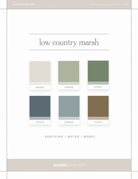 Low Country Marsh color palette inspirations, muted natural colors, earthy inspired color palette | Check out this free guide to discover 20 gorgeous color palettes, inspired by 4 seasons, 10 locations, and 6 decades. Find the vibe for your next brand redesign, home décor, photo shoot wardrobe or just an afternoon daydream. | Heather Dodge Creative | Web Design & Branding Studio Timeless Home Color Palette, Low Country Color Palette, English Cottage Colors Palette, Muted Coastal Color Palette, Earthy Coastal Color Palette, Backyard Color Palette, Marsh Color Palette, French Inspired Color Palette, Earthy Blue Green Color Palette