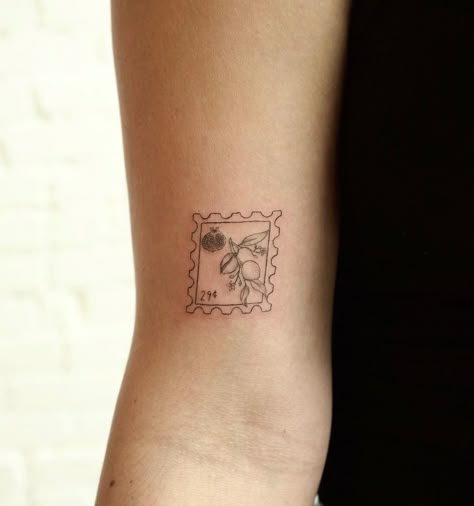 Arm Stamp Tattoo, Dainty Stamp Tattoo, Arm Dainty Tattoo, Tiny Stamp Tattoo, Feminine Upper Arm Tattoo, Italian Stamp Tattoo, Tiny Apple Tattoo, Peach Stamp Tattoo, Italian Style Tattoos