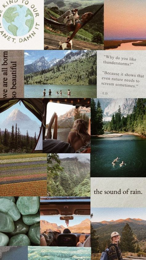 Environmentalist Aesthetic Wallpaper, Aesthetic Outdoors Wallpaper, Granola Collage Wallpaper, Granola Vibes Aesthetic, Granola Girl Vision Board, Erin + Core + Aesthetic, Aesthetic Pleasing Wallpaper, Mountain Collage Wallpaper, Environmentalist Wallpaper