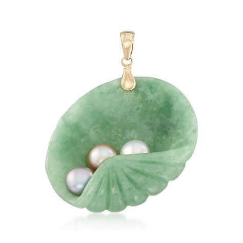 Green Jade and  6-6.5mm Multicolored Cultured Pearl Shell Pendant in 14kt Yellow Gold | Ross-Simons Green Seashell, Ocean Inspired Jewelry, Pearl Birthstone, Seashell Pendants, Palm Beach Jewelry, Nautical Jewelry, Seashell Necklace, Womens Jewelry, Jade Carving