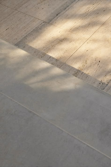 Concrete treads and Silver travertine pavers - a perfect combo Floor Detail, Silver Travertine, Travertine Tiles, Travertine Pavers, Stone Building, Stone Interior, Travertine Floors, Travertine Marble, Backyard Renovations