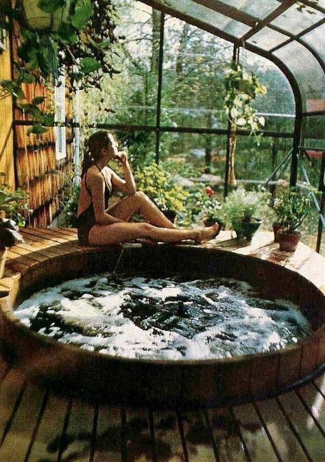 1980s Bathroom, Oasis Backyard, Hot Tub Room, Diy Hot Tub, Outdoor Bathroom Design, Outdoor Tub, Hot Tub Garden, Home Greenhouse, Outdoor Bathrooms