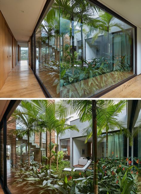 This modern house has an internal garden positioned in the middle of the home, creating a centerpiece that the house wraps around. Floor-to-ceiling windows provide a view of the garden, while at the same time allowing light to flow through to the interior of the home. #InternalGarden #Architecture #Windows Green Hospital, Windows Ideas, New Modern House, نباتات منزلية, Best Modern House Design, Casa Country, Desain Lanskap, Casa Patio, Garden Architecture