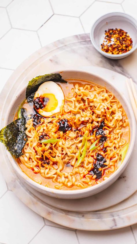 Spicy Ramen Ramen Soup Recipes Authentic, Spicy Chicken Ramen Recipes, Ichiran Ramen Recipe, Trader Joe’s Ramen Recipe, Trader Joe’s Ramen, Ramen Recipes Authentic, Korean Ramen Aesthetic, Easy Spicy Ramen, Protein Ramen