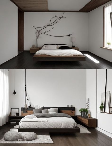 Japandi Dark Wood Bedroom, Minimalist Bedroom Dark Furniture, Dark Wood And White Bedroom, Dark Brown Floor Bedroom, Dark Wooden Bedroom Ideas, Dark Wooden Floor Bedroom, Room With White Curtains, Dark Wood Floor Bedroom Ideas, Brown Wood Bed Frame