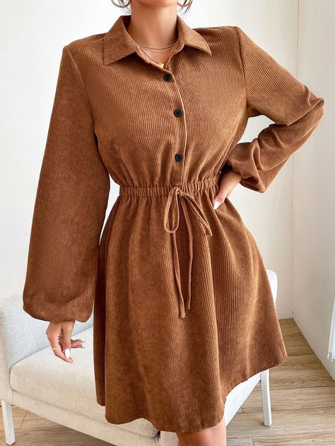 Brown Elegant  Long Sleeve Corduroy Plain Shirt Embellished Slight Stretch Fall/Winter Women Dresses Middy Dress, Western Frocks, Corduroy Shirt Dress, Draping Fashion, Fashion Capsule Wardrobe, Diy Fashion Clothing, Warm Dresses, Trendy Fashion Tops, Muslim Fashion Outfits