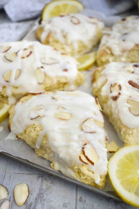 Lemon Almond Scones - In Fine Taste Summer Scones, Senior Tea, Almond Scones, Biscuits And Gravy Casserole, Scone Recipes, Apricot Recipes, Scones Recipe Easy, Lemon Scones, Homemade Scones