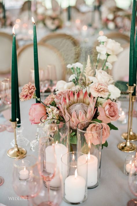 Blush Pink And Forest Green Wedding, Green And Pink Theme Party, Hunter Green And Blush Wedding, Pink And Green Wedding Table Setting, Pink And Green Wedding Table, Green And Pink Tablescape, Emerald Green And Blush Pink Wedding, Moss And Blush Wedding Theme, Emerald Green And Blush Wedding