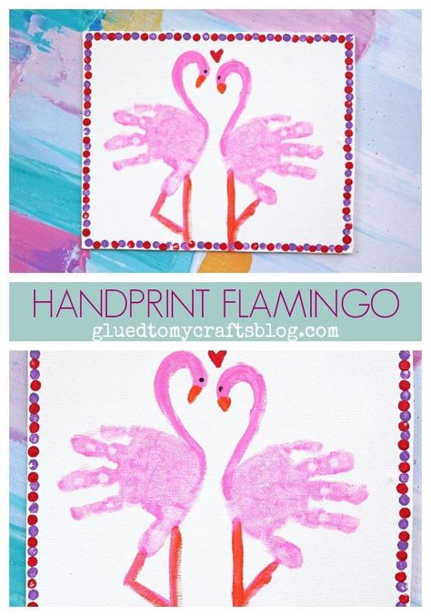 Handprint Flamingo - Valentine's Day Keepsake Kid Craft Idea Hand Print Art, Flamingo Canvas, Saint Valentin Diy, Valentines Bricolage, February Crafts, Footprint Crafts, Valentine's Day Crafts For Kids, Toddler Valentines, Valentine Crafts For Kids