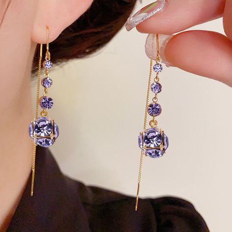 Exquisite Purple Crystal Zircon Drop Earrings for Women Fashion Golden Lines Long Tassel Earring Wedding Party Jewelry Gifts - AliExpress 36 Earring Wedding, Tassel Earring, Wedding Earrings Drop, Purple Diamond, Long Tassel Earrings, Face Earrings, Alloy Earrings, Wedding Party Jewelry, Unusual Jewelry