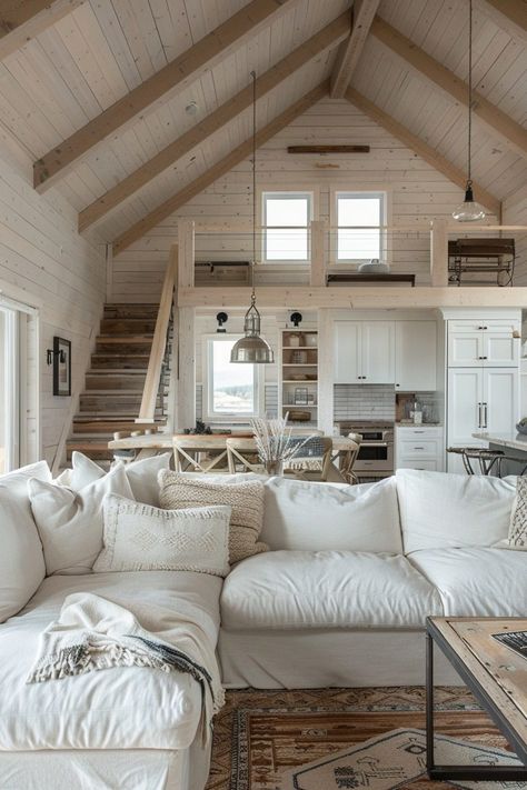 29 Small Cabin Interior Ideas for Cozy and Stylish Living 12 Modern Cozy Cabin, Farmhouse Loft Ideas, Tiny Farmhouse Interior, A Frame Cabin Interior, Small Cabin Interior Ideas, Tiny Modern Farmhouse, Poconos Cabin, Scandinavian Cabin Interior, Barndominium Interior Ideas