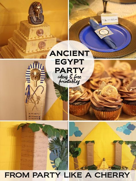 Ancient Egypt Party Ideas - Party Like a Cherry Ancient Egypt Party Theme, Egyptian Party Decorations Diy, Ancient Egypt Party Food, Egyptian Centerpieces, Egyptian Themed Party Food, Ancient Egypt Decor, Egypt Party Ideas, Ancient Egypt Party Decorations, Ancient Egypt Birthday Party