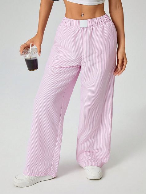 Loose Wide Leg Pink Striped Pants With Double Foldable Waistband Pink Casual   Polyester Letter,Plain Wide Leg Non-Stretch  Women Clothing, size features are:Bust: ,Length: ,Sleeve Length: Rose Bonbon, Casual Wide Leg Pants, Elegant Dresses Long, Women Pants, Casual Stripes, Petite Women, Sleeves (women), Striped Pants, Amazing Products