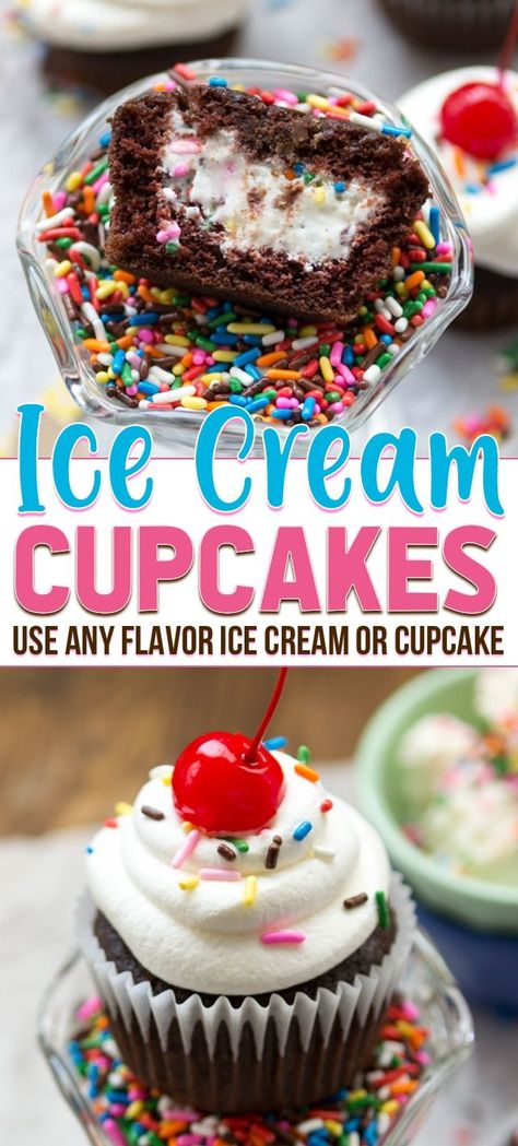 Ice Cream Cupcakes are so easy to make! Fill your favorite cupcake recipe with your favorite flavor ice cream and top with frosting. It's cake and ice cream all in one single serving! These are the perfect birthday cupcake recipe! #recipe #howtomake #birthday #ideas #easy Cake And Ice Cream, Chocolate Frosting Recipes, Ice Cream Cupcakes, Cream Cupcakes, Flavor Ice, Cupcake Flavors, Easy Cupcakes, Cupcake Recipe, Birthday Cupcake