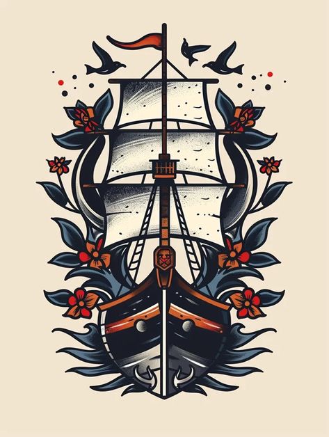 The image contains a traditional tattoo of a ship. The ship has a large sail and is surrounded by flowers and leaves ->> more details in ai-img-gen.com American Traditional Pirate Ship Tattoo, Neo Trad Ship Tattoo, American Traditional Pirate Ship, Traditional Ship Tattoo Flash, American Traditional Pirate Tattoo, Long Traditional Tattoo, Sail Ship Tattoo, Ocean Traditional Tattoo, Traditional Tattoo Pirate