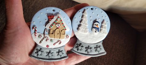 Polymer Clay Snow Globe, Intermediate Art, Snow Globe Ornament, Clay Christmas, Globe Ornament, Polymer Clay Christmas, Clay Ornaments, Snow Globe, Pumpkin Orange