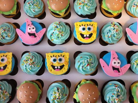 SpongeBob cupcakes by Dani Johnson Spongebob Themed Cupcakes, Minimalist Cupcakes, Spongebob Cupcake Cake, Spongebob Squarepants Cupcakes, Sponge Bob Cupcakes, Pastel Bob, Spongebob Birthday Cake, Patrick Spongebob, Funny Cupcakes