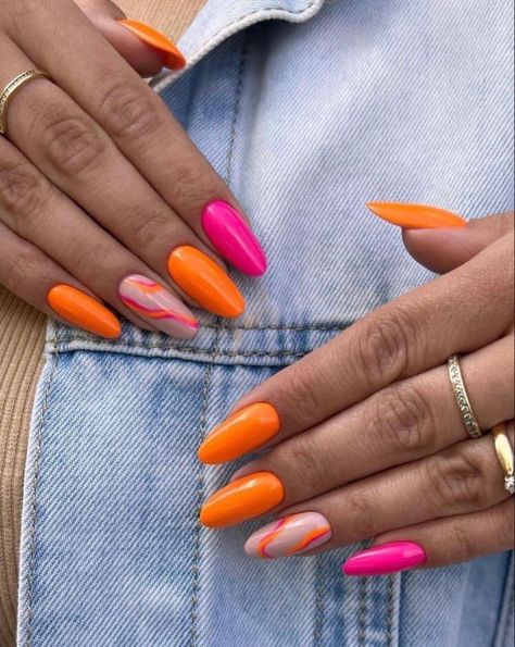 Orange And Pink Nails, Neon Orange Nails, Orange Nail Art, Summer Nails 2023, Nailinspo Nailart, Nails Neon, Bright Summer Nails, Shaped Nails, Nails 2022