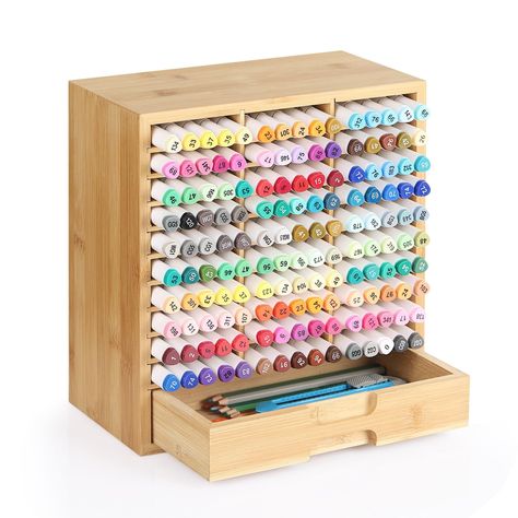 PRICES MAY VARY. Natural Bamboo Craftsmanship: The Marker Organizer is crafted from bamboo,Blending elegance with durability.Eeasy to clean,It's the eco-friendly choice for all your storage needs.Marker holder outside size: 10.8''L x11.6"H x5.5"W. Organized Efficiency: With its 30 compartments and 1 drawers,This compartments lets you store up to 150 markers,Keeping your workspace tidy and your creativity flowing.Perfect for art teachers,students,or anyone who loves to create. Versatile Decor: Th Marker Organizer, Stationary Organizer, Artist Desk, Marker Holder, Pencils Art, Stationary Organization, Art Studio Room, Art Supply Organization, Bamboo Box