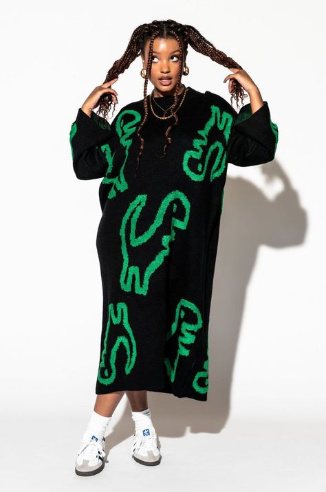 Rawr Means I Love You Oversized Knit Dress *RESTOCKED* Oversized Knit Dress, Satin Playsuit, Dressed In Lala, Green Dinosaur, Dinosaur Pattern, Blazer Set, Sweater Collection, Oversize Knit, Knitted Poncho