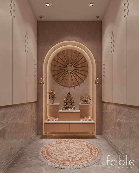 Pooja Designs Ideas, Indian Home Temple Puja Room, Minimalist Pooja Space, Devgarh Design, Pooja Room Ideas Indian Modern Glass, Temple Room In Home, Minimalist Pooja Room, Mandir Design With Storage, Minimal Pooja Room