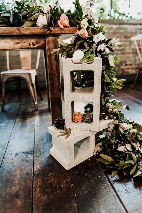 Rave Party Decorations, Industrial Themed Wedding, Chic Wedding Inspiration, Industrial Wedding Decor, Flora Farms, Industrial Chic Wedding, Cinder Blocks, Brewery Wedding, Jewel Tone Wedding